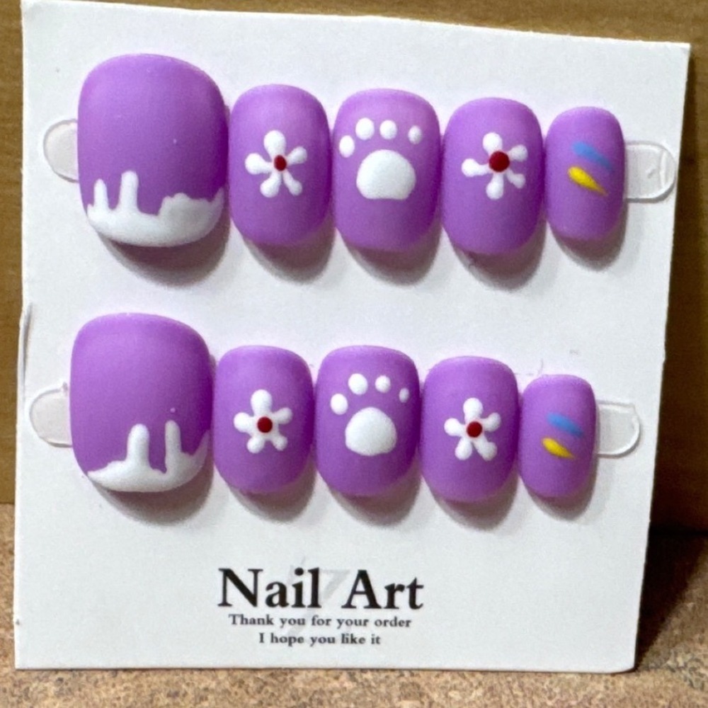Purple Press On Nails Matte Flower Paw Print Drip Art Short Square‎ Nails Set